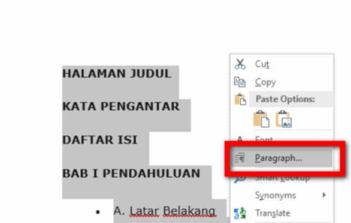 Klik-kanan-dan-pilih-Paragraph-dengan-kondisi-kerangka-daftar-isi-yang-masih-terblok